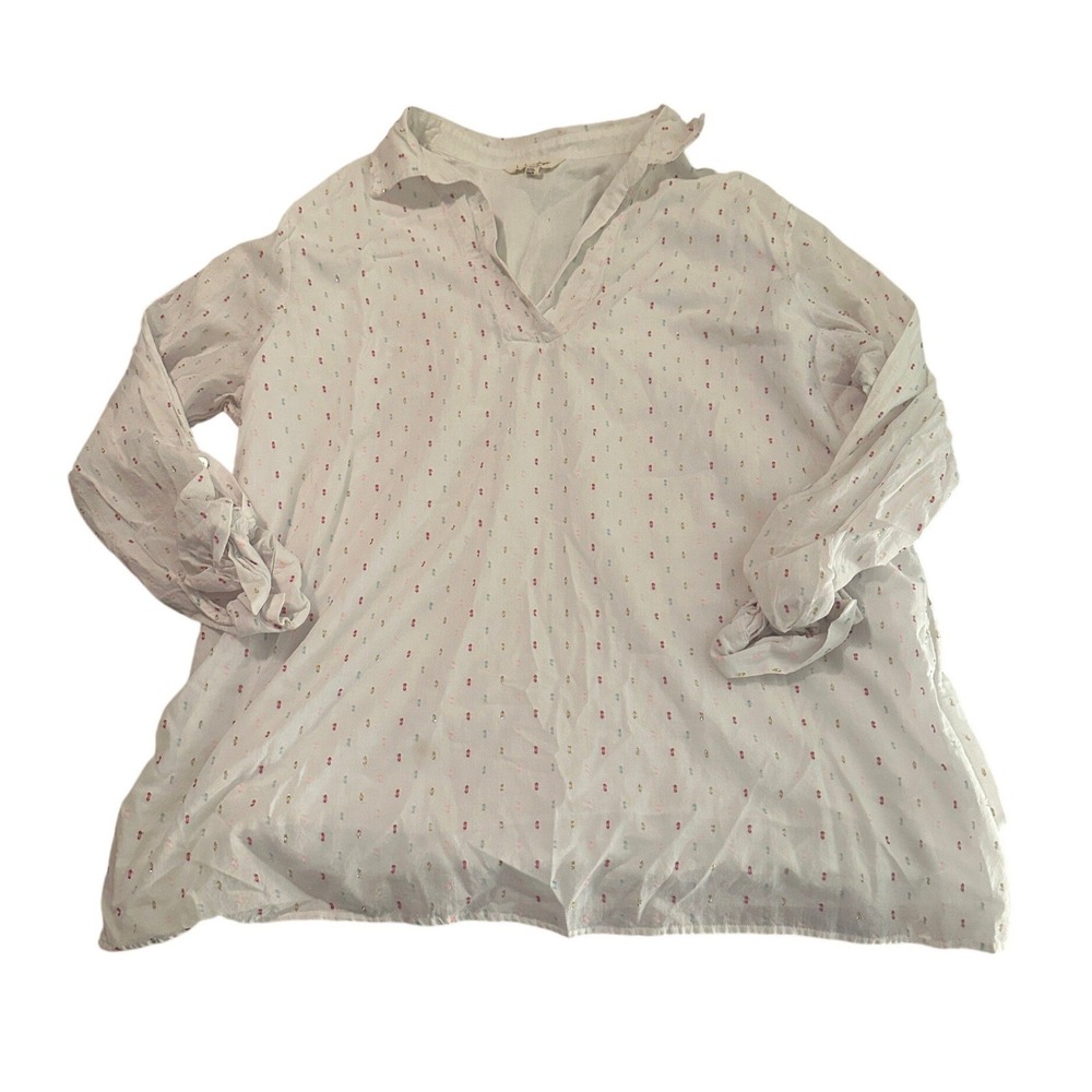 Linda Anderson White Multicolor Polka Dot Tunic Top Split V-Neck Boho‎ L